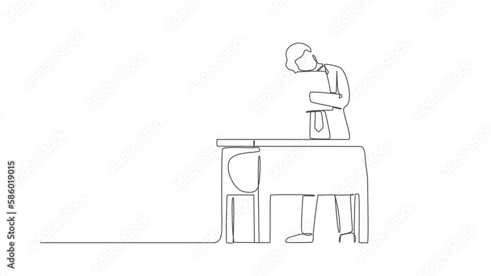 Poster animated self drawing of continuous line draw businessman hugging laptop at office. love to computer