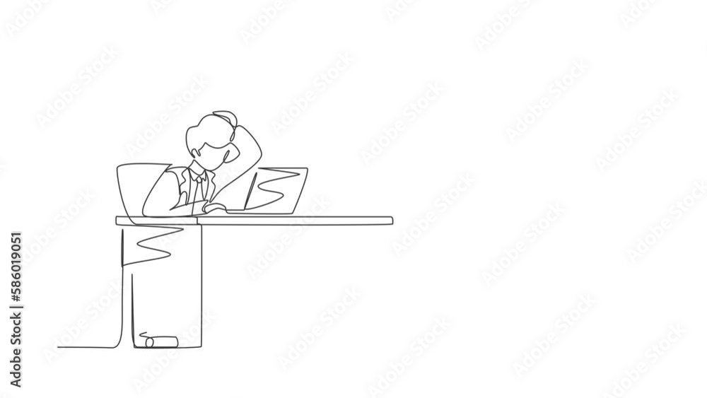 Poster animated self drawing of continuous line draw manager working on laptop. businessman with question m