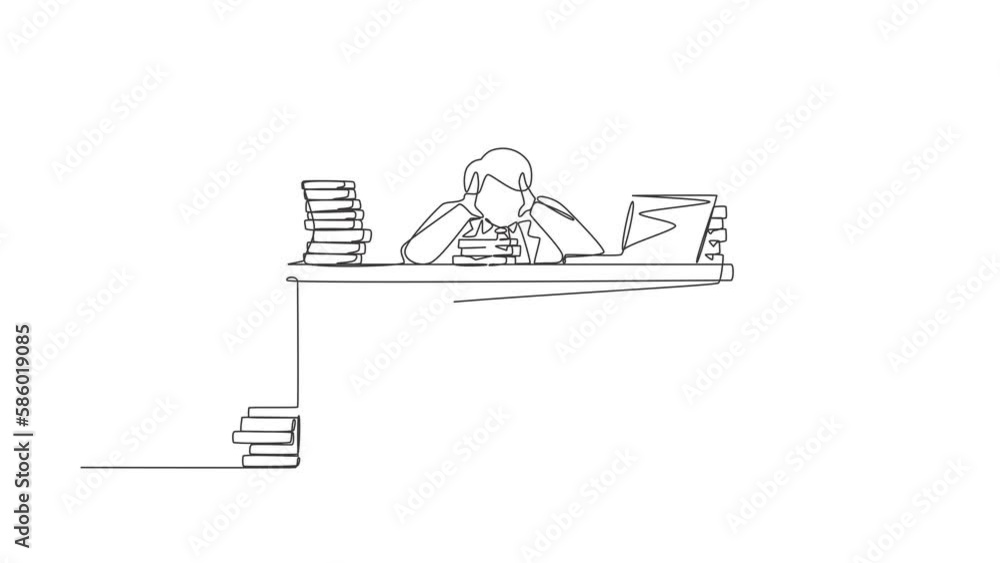 Poster self drawing animation of single line draw businessman throwing tantrum in office holding his hands 