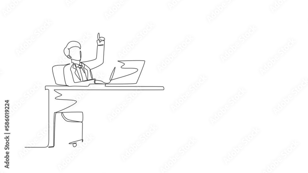 Poster self drawing animation of single line draw businessman getting new idea while working with laptop on