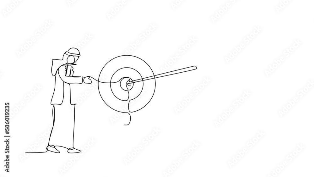 Poster animated self drawing of continuous line draw arab businessman hugs stands next to circle of red tar