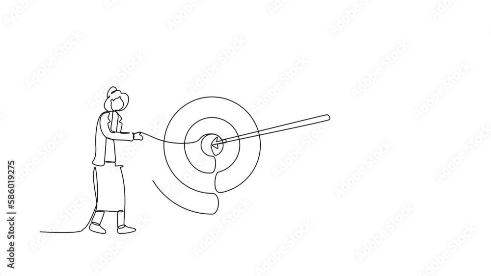 Poster animated self drawing of single continuous line draw businesswoman hugs stands next to circle of tar
