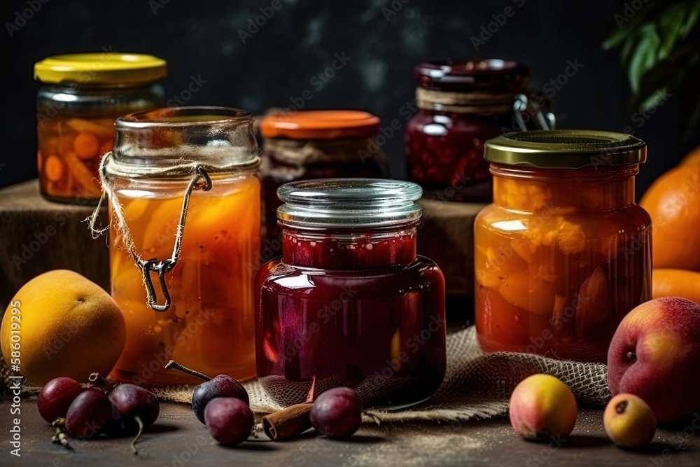 Poster colorful display of various fruits in glass jars on a wooden table created with generative ai techno