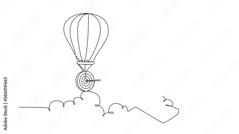 Poster animated self drawing of continuous line draw manager riding forward arrow and using monocular to se