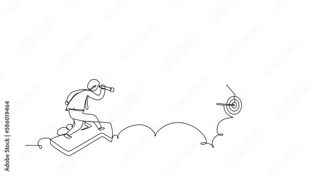 Poster self drawing animation of single line draw employee fly on arrow using monocular to see business vis