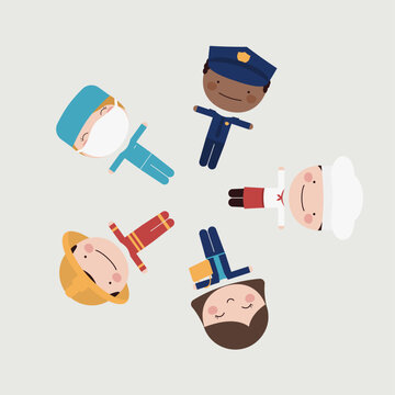 D&iacute;a del trabajo, grupo de personas en c&iacute;rculo de diversas profesiones sobre fondo plano. Trabajadores, policia, oficial, bombero, medico, doctor, cirujano, mozo, cocinero, abogada, jueza, contadora