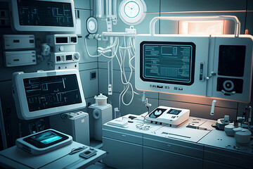 Interior of emergency room in modern clinic with empty hospital beds, nurses station and various medical equipment. With no people 3D illustration on health care theme. Generative AI.
