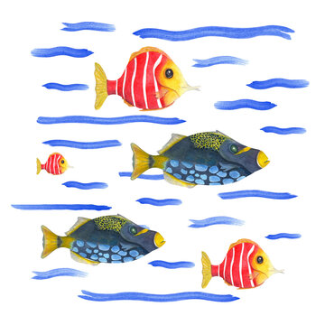 Watercolor illustration of a colored cartoon fishes isolated on transparent background. Can be used for print, poster, banner, background, souvenirs, decor, wallpaper, fabric, textile, wrapping.