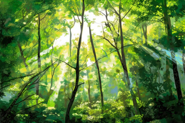 Fototapeta na wymiar Sunrays over a green forest in summer, nature, forests