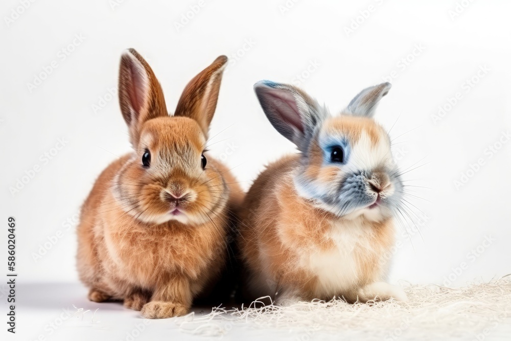 Poster illustration of two cute rabbits sitting together in a grassy field created with generative ai techn