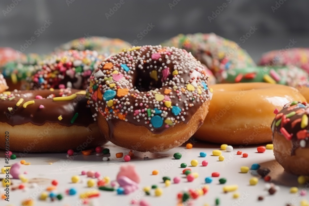 Poster colorful display of donuts with various sprinkles created with generative ai technology