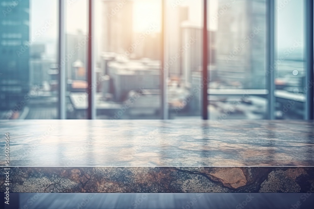 Poster table with a cityscape view from a window created with generative ai technology