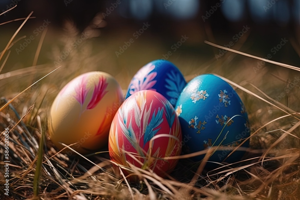 Poster illustration of three colorful easter eggs nestled in the green grass created with generative ai tec