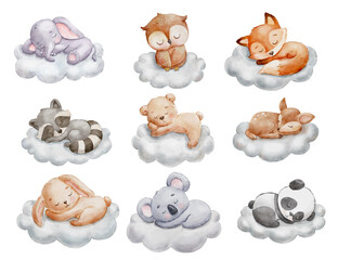 Cute dreaming bear, elephant, panda and bunny on cloud. Cartoon hand drawn watercolor illustration. Baby animals set isolated on white © Elena