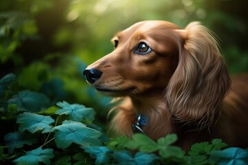 brown dog with blue eyes sitting in the grass created with Generative AI technology