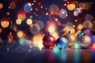 Obraz premium Illustration of colorful Christmas ornaments arranged on a table created with Generative AI technology