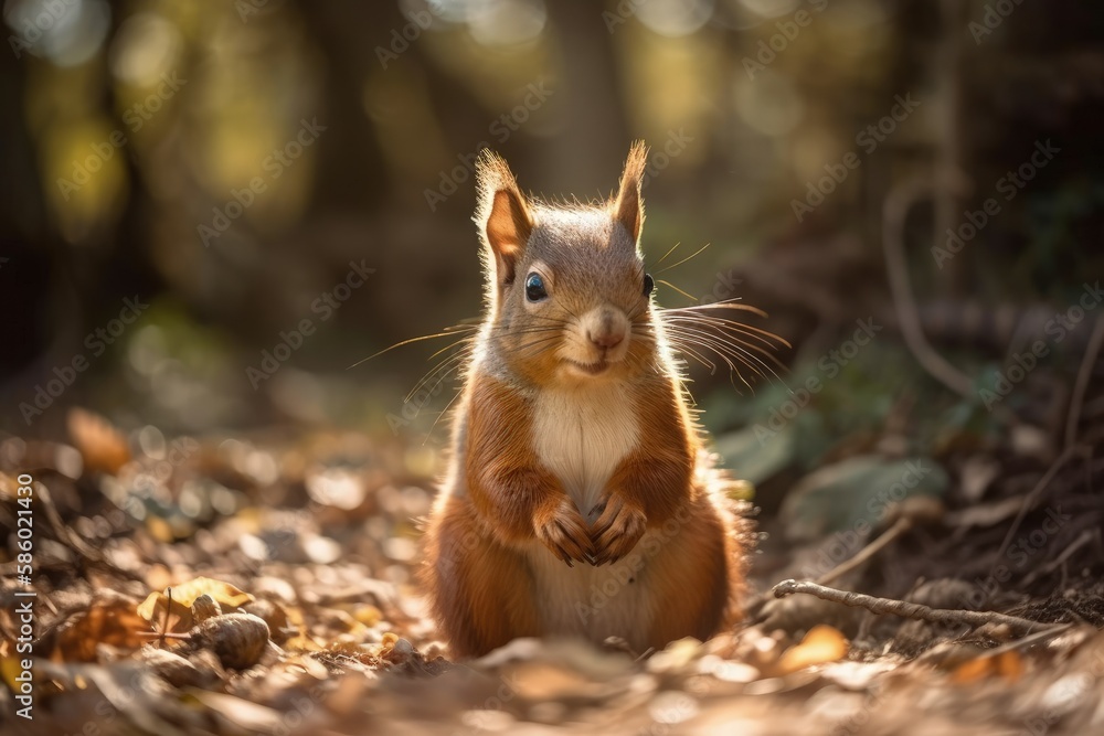 Poster squirrel standing upright on its hind legs in a forest created with generative ai technology