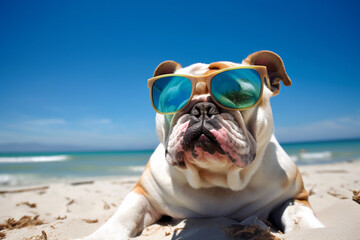 Obraz na płótnie Canvas A bulldog wearing sunglasses on a beach Generative AI