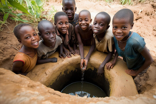 Children drinking from a well with one of them looking at the camera. Generative AI