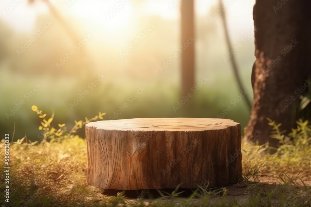 Sticker rustic wooden table in the heart of a lush forest created with Generative AI technology