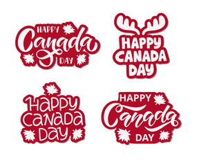 Happy Canada Day holiday vector Illustration sticker set. Hand drawn celebration lettering with maple leaf, deer horns on white background.