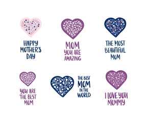 Mother's Day holiday typography vector illustration. Hand drawn lettering with floral heart. Celebration text with flower, leaf for banner, poster, gift, flyer, greeting card.