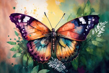 A colorful butterfly with a watercolor garden background  Generative AI