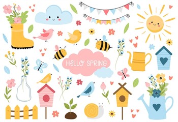 Hello Spring elements set. Hand drawn, cartoon style vector illustration