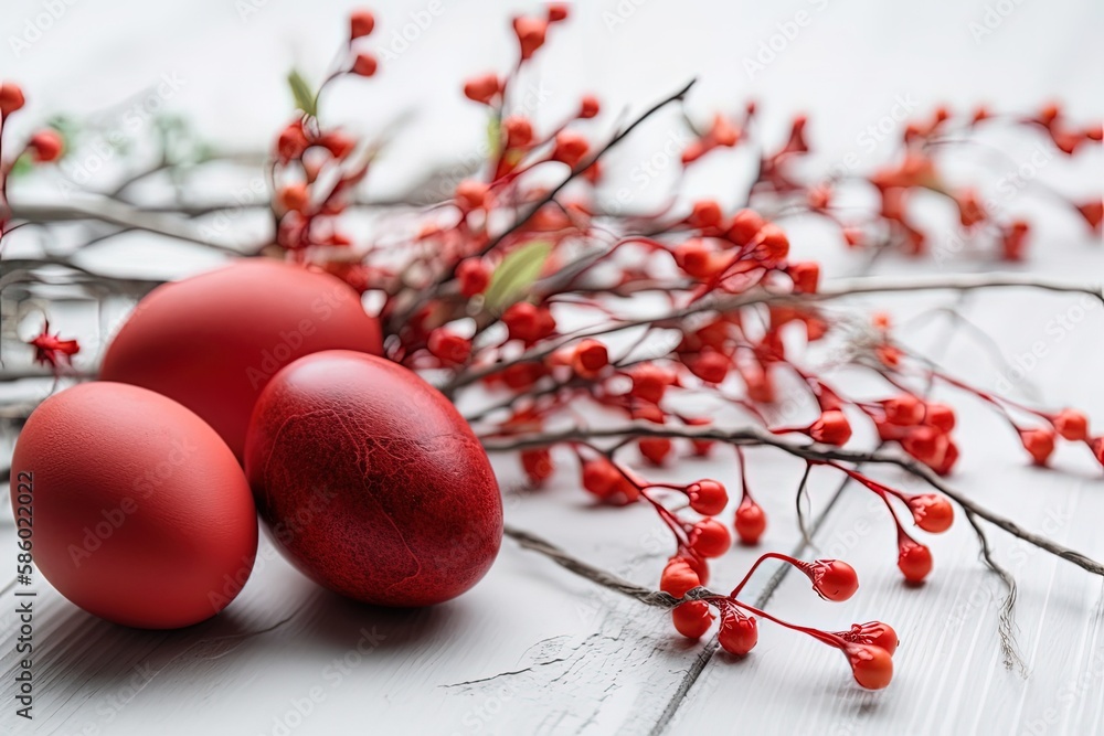 Poster illustration of three vibrant red eggs placed on a pristine white table created with generative ai t