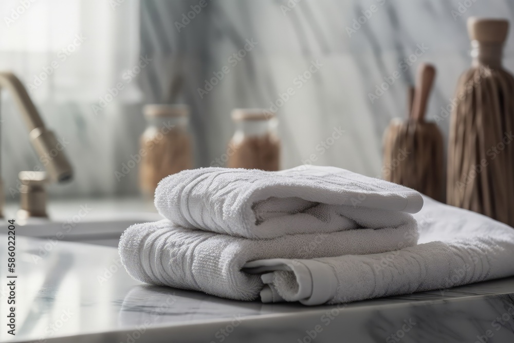 Aufkleber illustration of white towels neatly stacked on a bathroom countertop created with generative ai tech