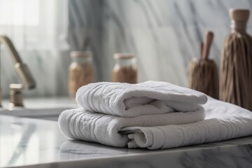 Fototapeta premium Illustration of white towels neatly stacked on a bathroom countertop created with Generative AI technology