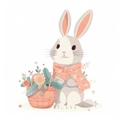 Rabbit in Easter day with flowers, cute animals illustration