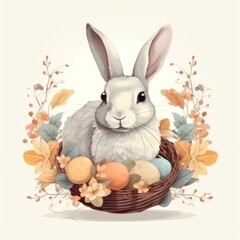Rabbit in Easter day with flowers, cute animals illustration