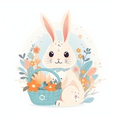 Rabbit in Easter day with flowers, cute animals illustration