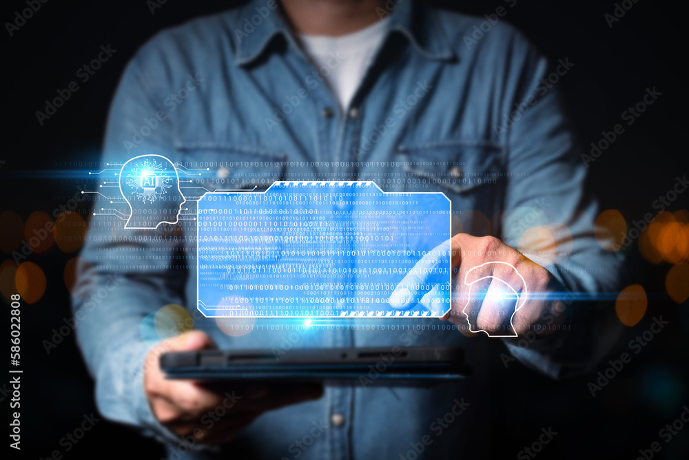 Aufkleber man using technology smart robot AI,AI technology, Artificial Intelligence, artificial intelligence by enter command prompt for generates something, Futuristic technology transformation. Chat with AI