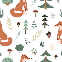 Semless woodland pattern with cute foxes and hand drawn elements. Scandinaviann style childish texture for fabric, textile, apparel, nursery decoration. Vector illustration