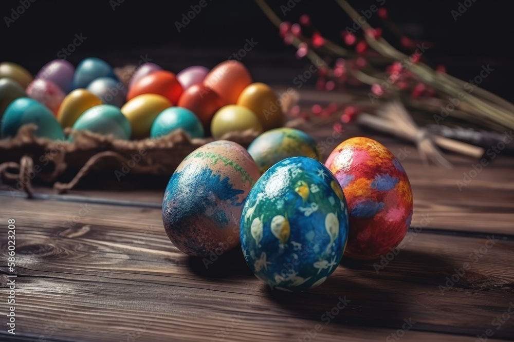 Poster illustration of colorful painted eggs arranged on a wooden table created with generative ai technolo