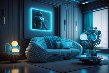 Ultra modern blue living room with futuristic sofa and furniture’s. Generative ai design