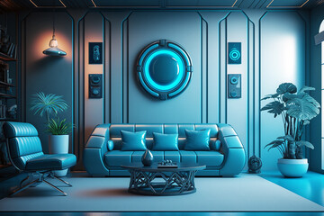 Ultra modern blue living room with futuristic sofa and furniture’s. Generative ai design