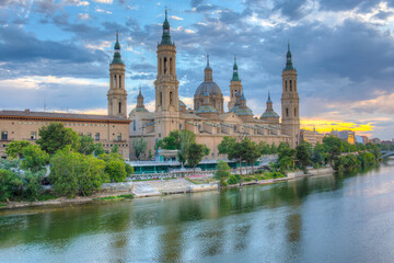 Sunset view of the basilica de nuestra senora de pilar in Zaragoza, Spain