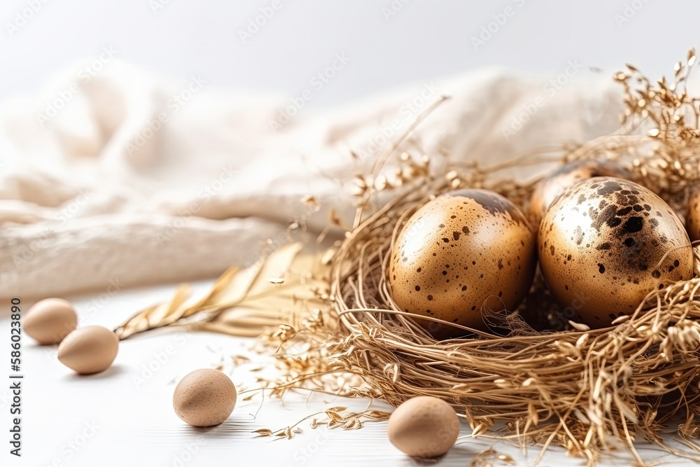 Poster illustration of three eggs in a nest on a white table created with generative ai technology