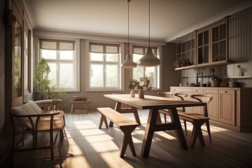 cozy kitchen with a wooden table, chairs, and a bench created with Generative AI technology