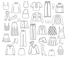 Funny clothes doodle set. Line sketch of denim jacket, jeans, pants, t-shirt, shoes, skirt