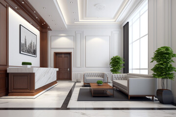 Modern design of lobby area interior with wooden material. Generative ai illustration