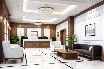 Fototapeta na wymiar Contemporary design of lobby area interior with wooden material. Generative ai illustration