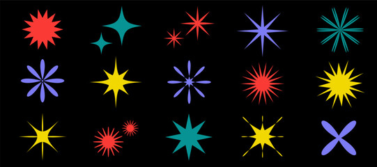 Brutalism style star and flower shapes vector set. Flat minimalist graphic icons. Modern abstract geometric forms trendy retro elements illustration
