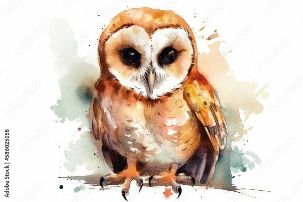 Poster owl perched on a tree branch in a watercolor painting created with generative ai technology