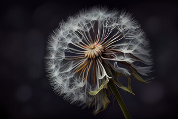 Realistic wither dandelion with flying seeds. Generative Ai
