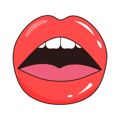 Sexy lips with tongue and teeth in pop art style. Women's half-open mouth.
