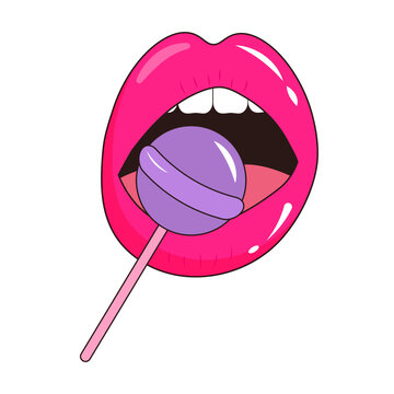 recommend clip art: Sexy glossy half-opened mouth with lollipop in pop art style. Female lips licking sweet lollipop.